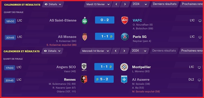 Saison 2023-2024 - Coupe de France - Quart-de-Finale - Résultats Complets