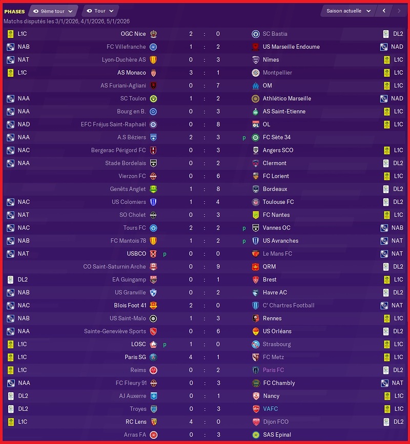 Saison 2025-2026 - CDF - 9ème Tour - Resultats Complets