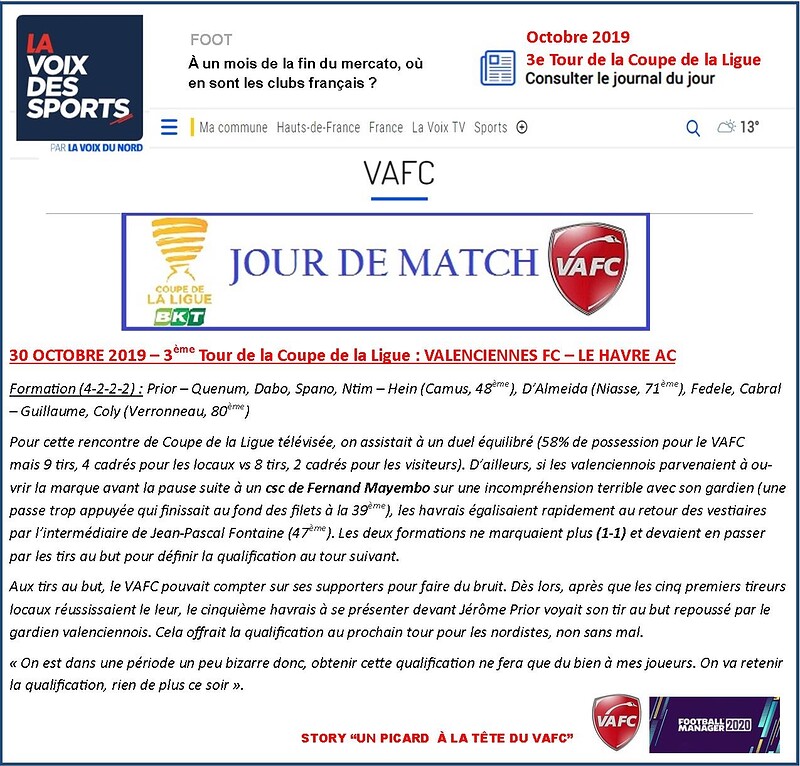 VAFC - 07 - Octobre 2019 - Coupe de la Ligue - 3e Tour