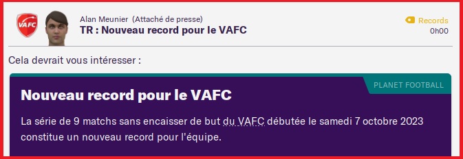 Nouveau Record - Série sans encaisser de but