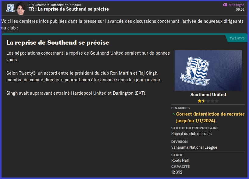 Reprise de Southend en cours