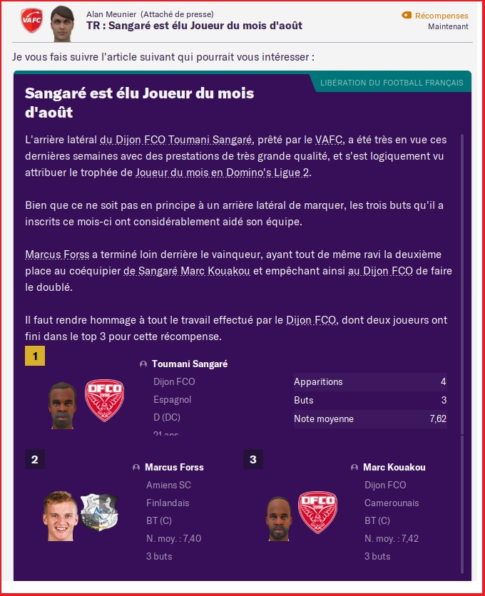 Ligue 2 - Joueur du Mois d'Aout - Sangaré