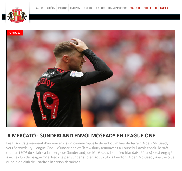 24 - SUNDERLAND - SITE OFFICIEL - SUNDERLAND ENVOI MC GEADY EN LEAGUE ONE