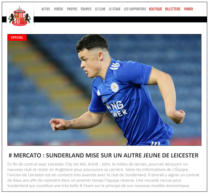 23 - SUNDERLAND - SITE OFFICIEL - SUNDERLAND MISE SUR UN AUTRE JEUNE DE LEICESTER