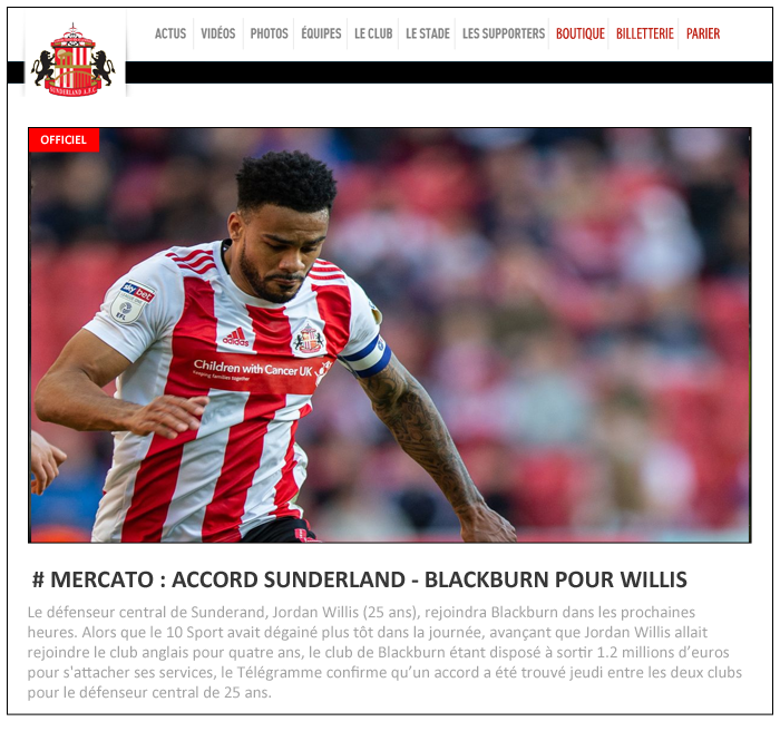 21 - SUNDERLAND - SITE OFFICIEL - ACCORD SUNDERLAND - BLACKBURN POUR WILLIS