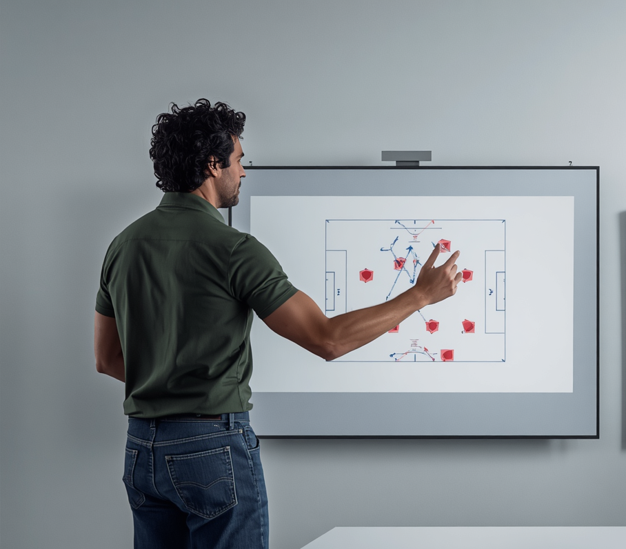 Photorealistic color image in a modern, bright meeting room with clean, uncluttered composition. Foreground_ Colombani, a man with dark curly hair and Mediterranean features wearing jeans and Italian green polo